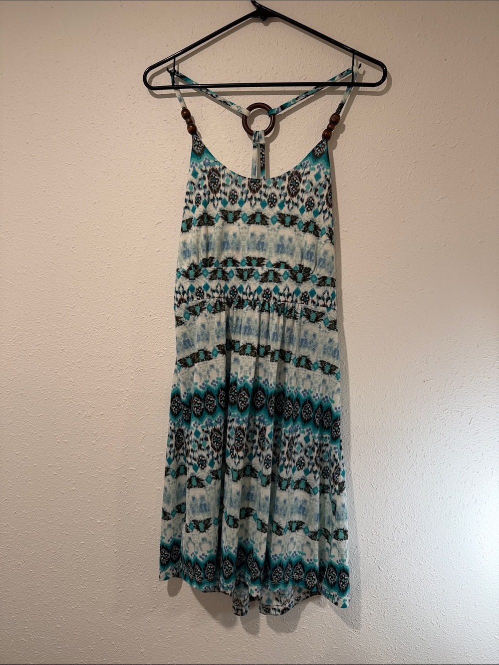 Vanity Teal and White Patterned Mini Dress with Ring Detail